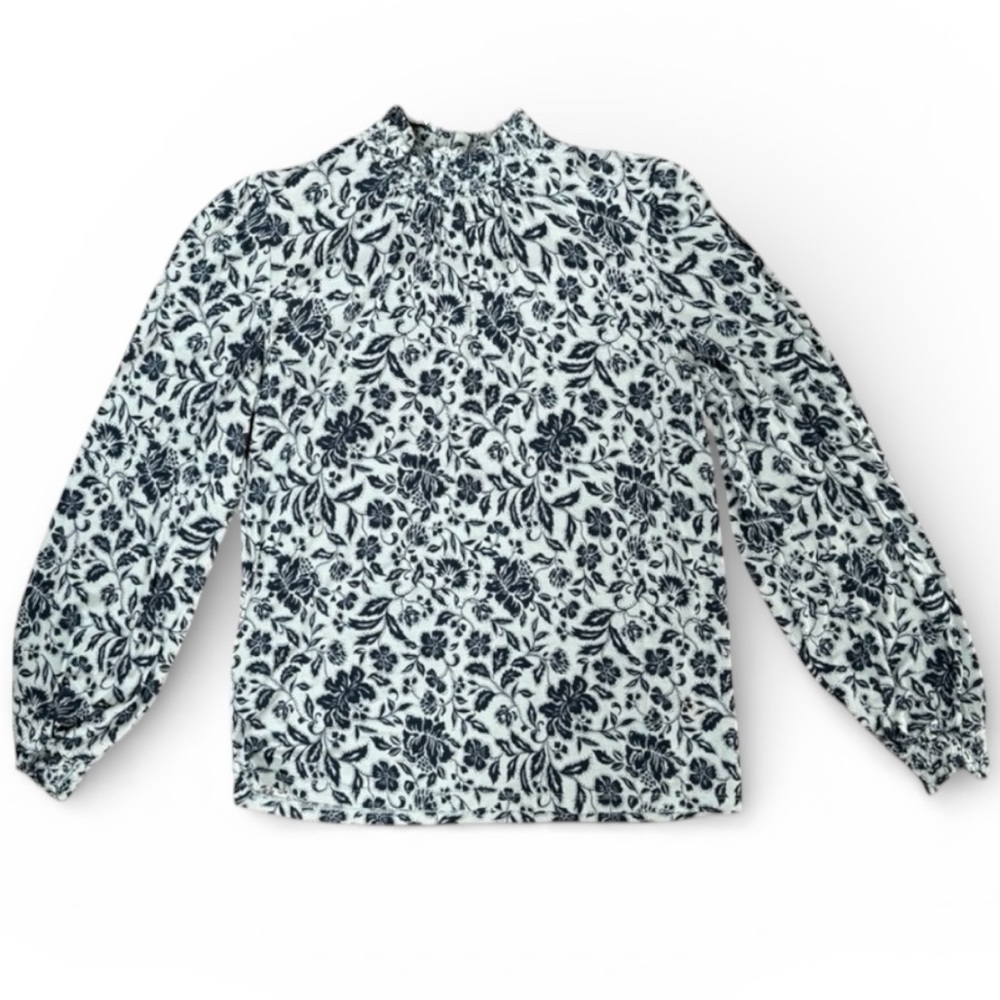 Ann Taylor Floral Smocked Neck Blouse XS Long Sleeve Ruffle Collar Light Blue